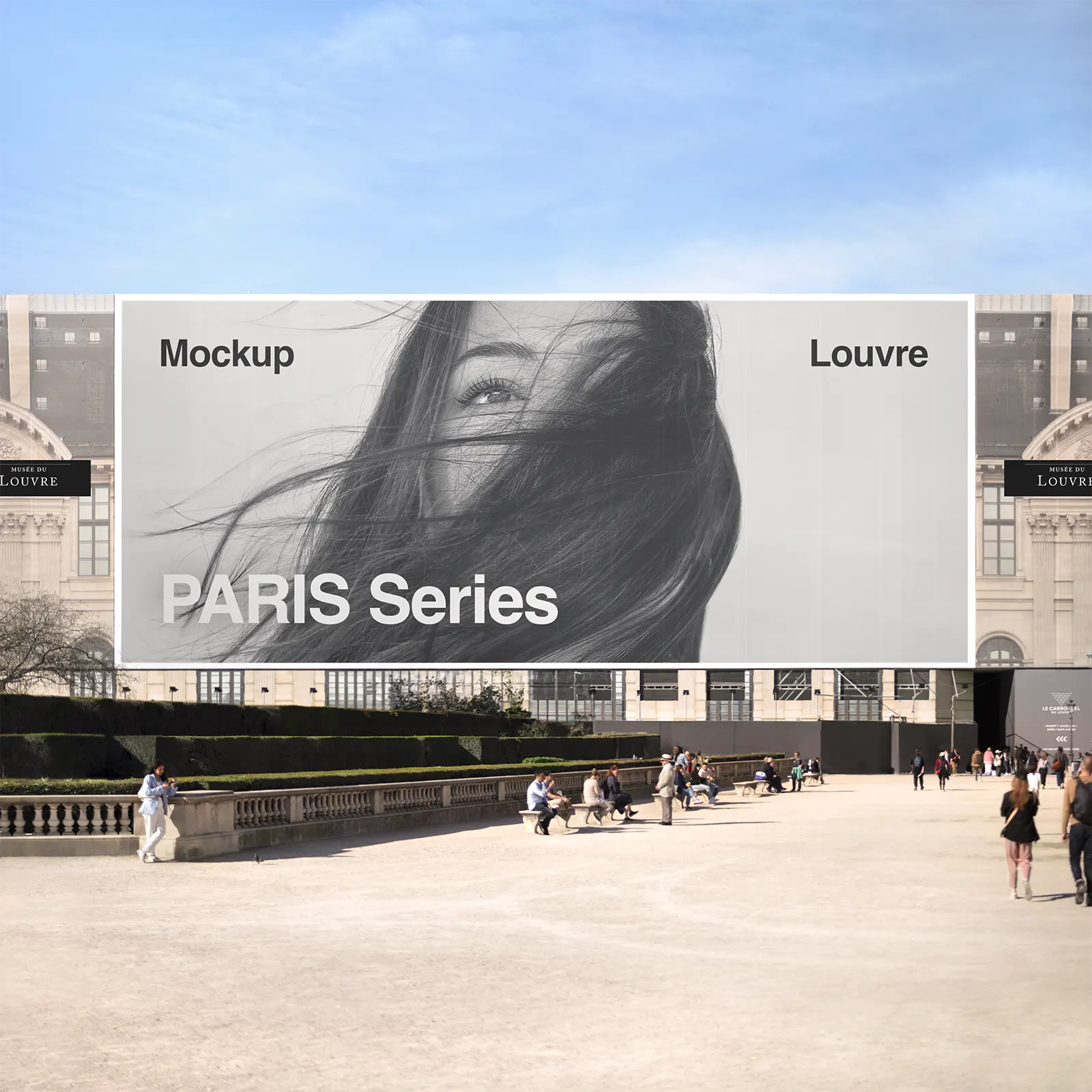 Banner mockup on the Louvre Museum in Paris, France