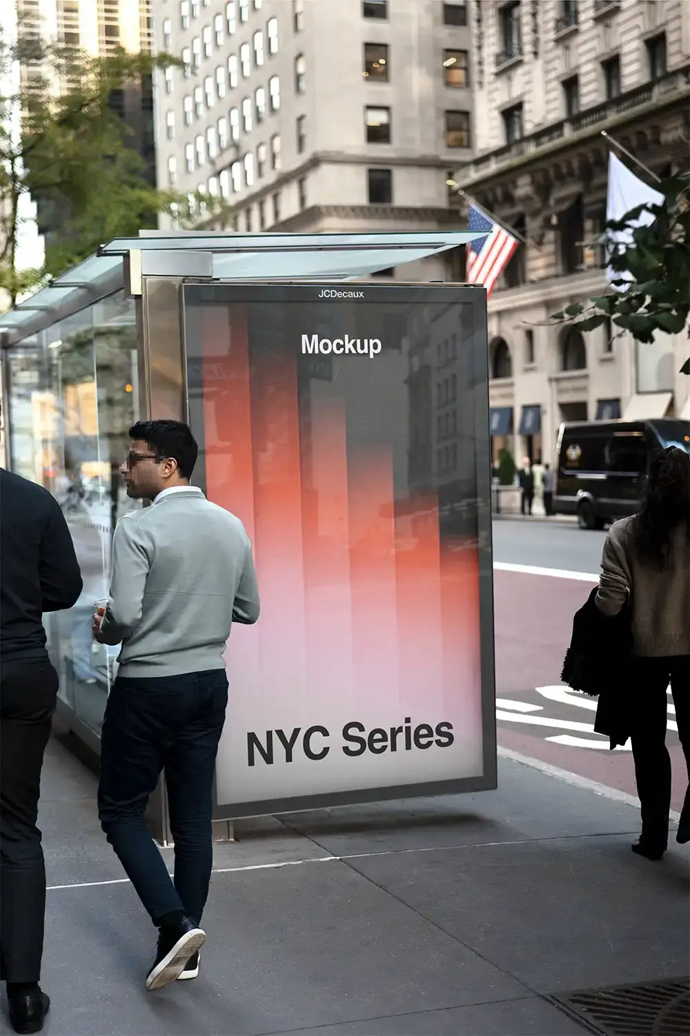 Poster mockup on a bus shelter on 5th Avenue in Manhattan, New York © BRANDACLE MOCKUPS 2026. 