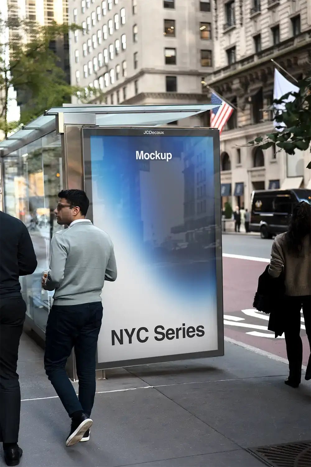 Poster mockup on a bus shelter on 5th Avenue in Manhattan, New York © BRANDACLE MOCKUPS 2026. 