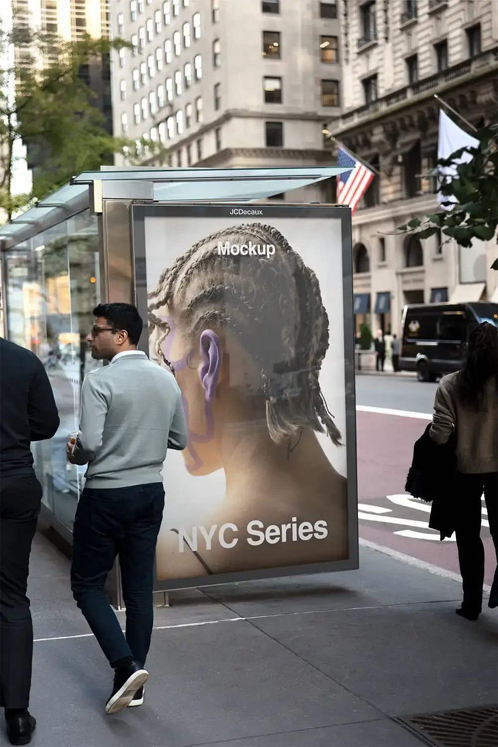 Poster mockup on a bus shelter on 5th Avenue in Manhattan, New York © BRANDACLE MOCKUPS 2026. 