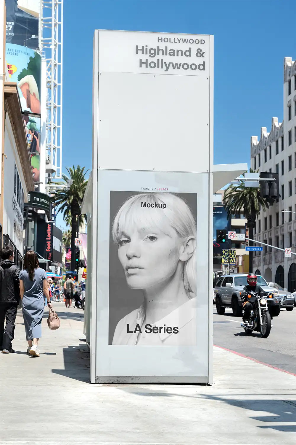 Billboard mockup on a bus shelter on Hollywood boulevard in Los Angeles © BRANDACLE MOCKUPS 2026.
