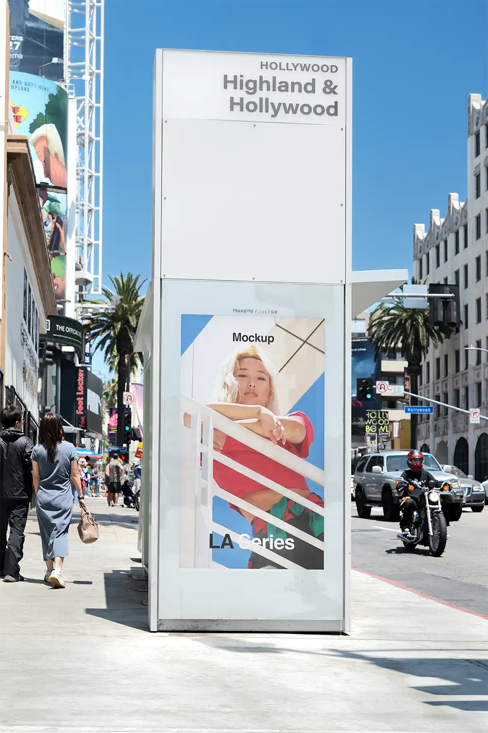 Billboard mockup on a bus shelter on Hollywood boulevard in Los Angeles © BRANDACLE MOCKUPS 2026.