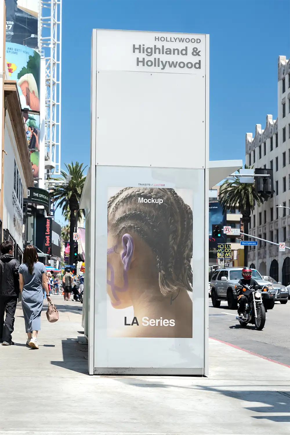 Billboard mockup on a bus shelter on Hollywood boulevard in Los Angeles © BRANDACLE MOCKUPS 2026.