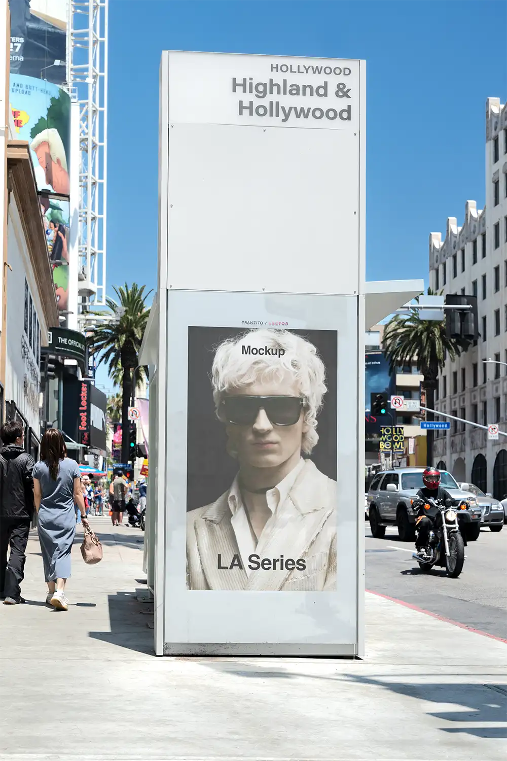 Billboard mockup on a bus shelter on Hollywood boulevard in Los Angeles © BRANDACLE MOCKUPS 2026.