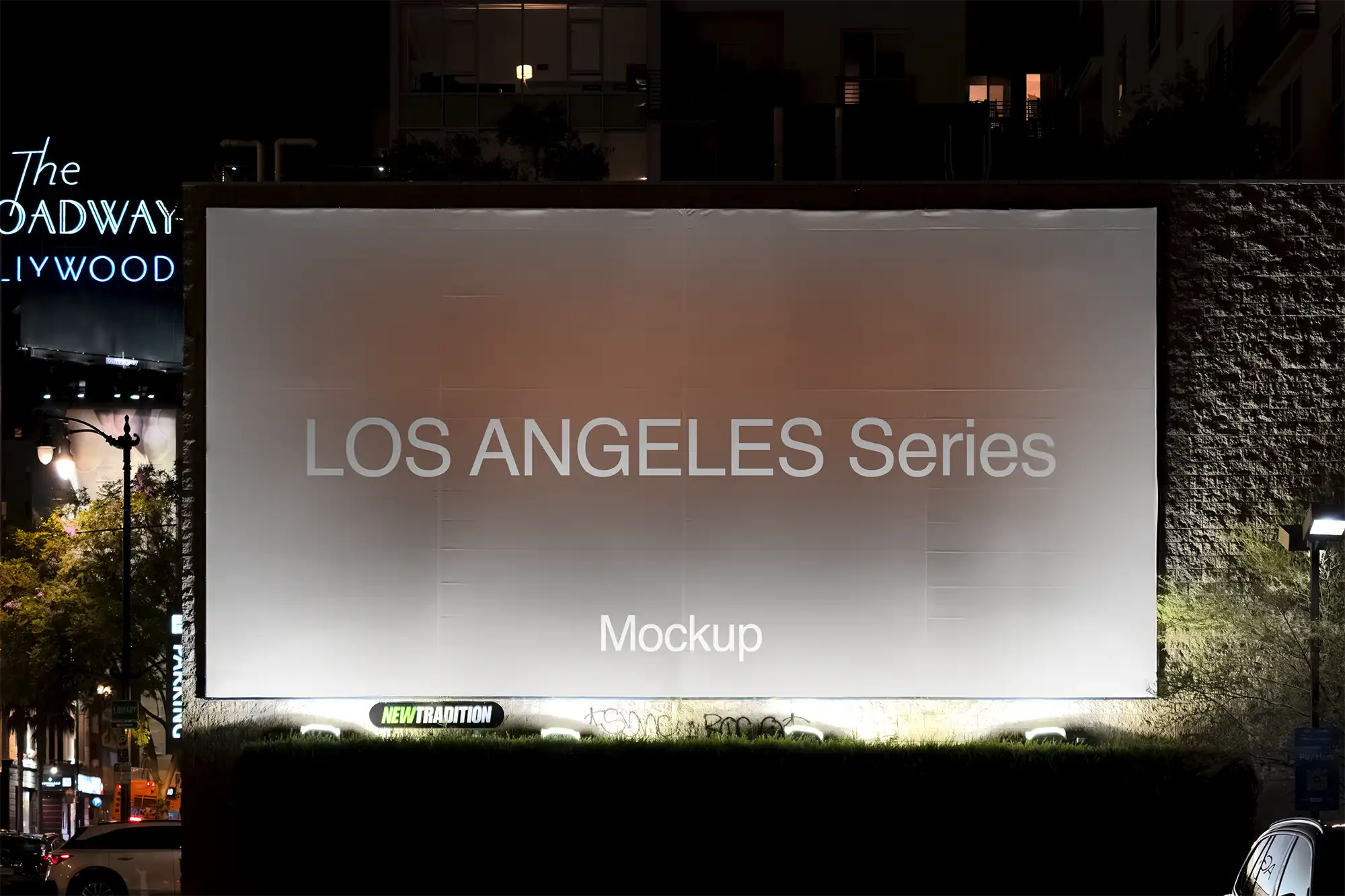 Banner Billboard mockup on Hollywood Boulevard in Los Angeles, California