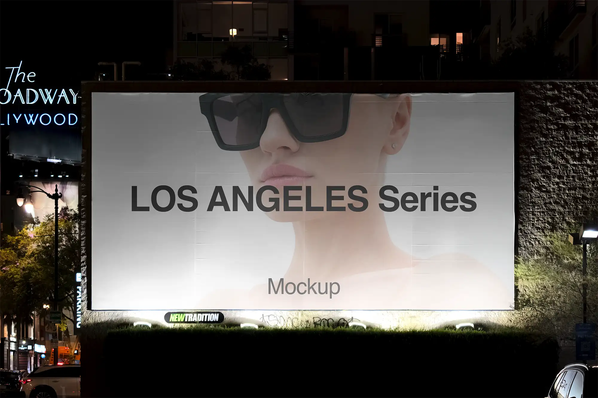 Banner Billboard mockup on Hollywood Boulevard in Los Angeles, California