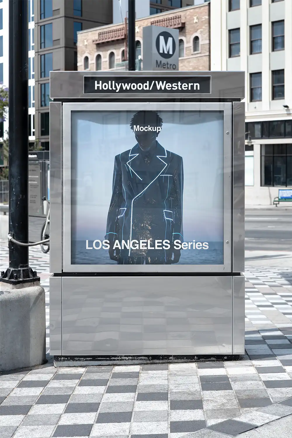 Poster mockup on Hollywood boulevard and Hollywood subway station in Los Angeles