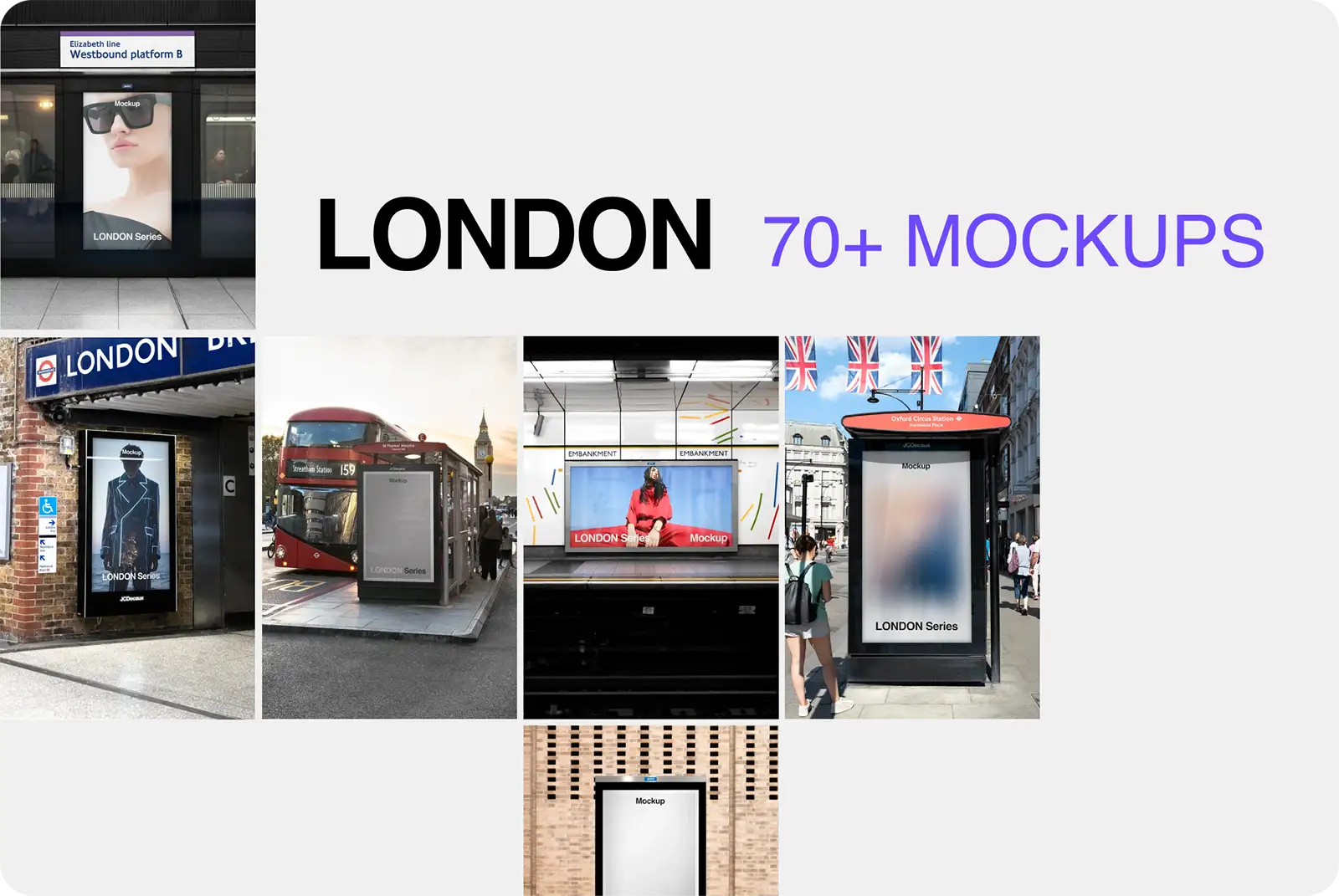 LONDON COLLECTION MOCKUPS BUNDLE with posters and billboards in London and London Underground - © BRANDACLE MOCKUPS 2026. 