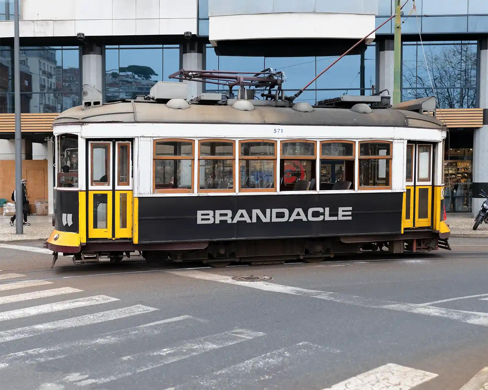Poster mockup on a tramway vehicle in Lisbon, Portugal