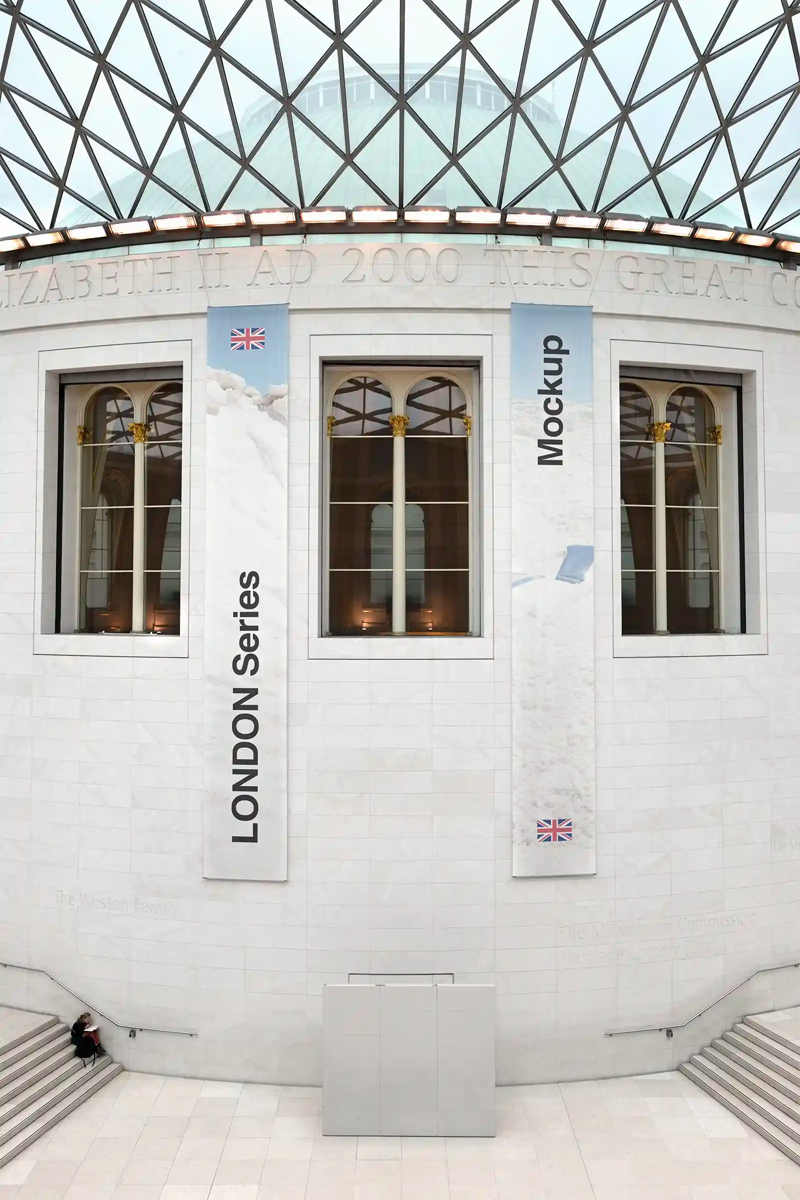 Banner mockup at the British Museum, London, UK. PSD Mockup on Photoshop for your design 1
