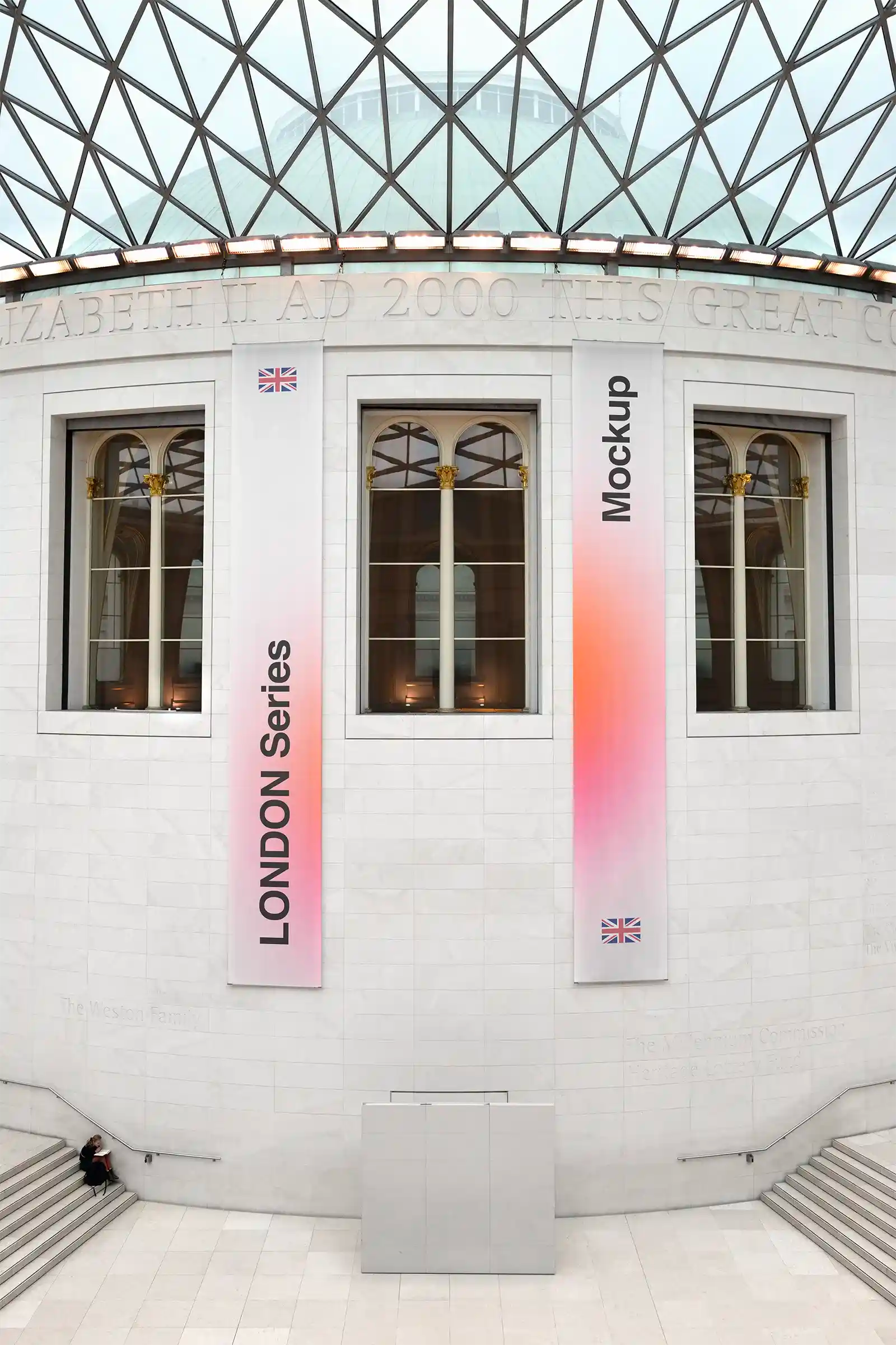 Banner mockup at the British Museum, London, UK. PSD Mockup on Photoshop for your design 2