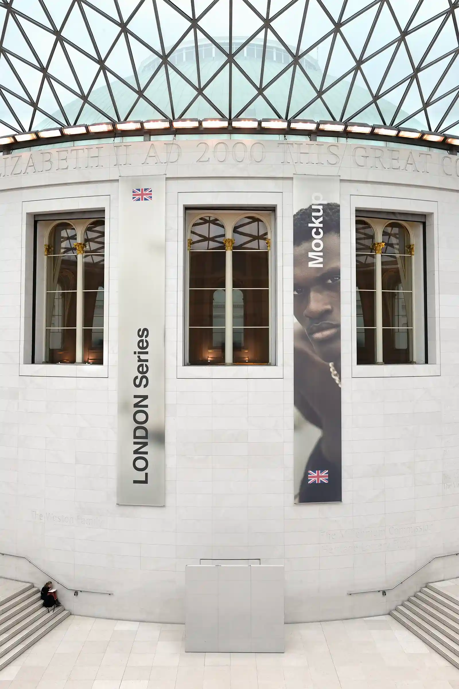 Banner mockup at the British Museum, London, UK. PSD Mockup on Photoshop for your design 3