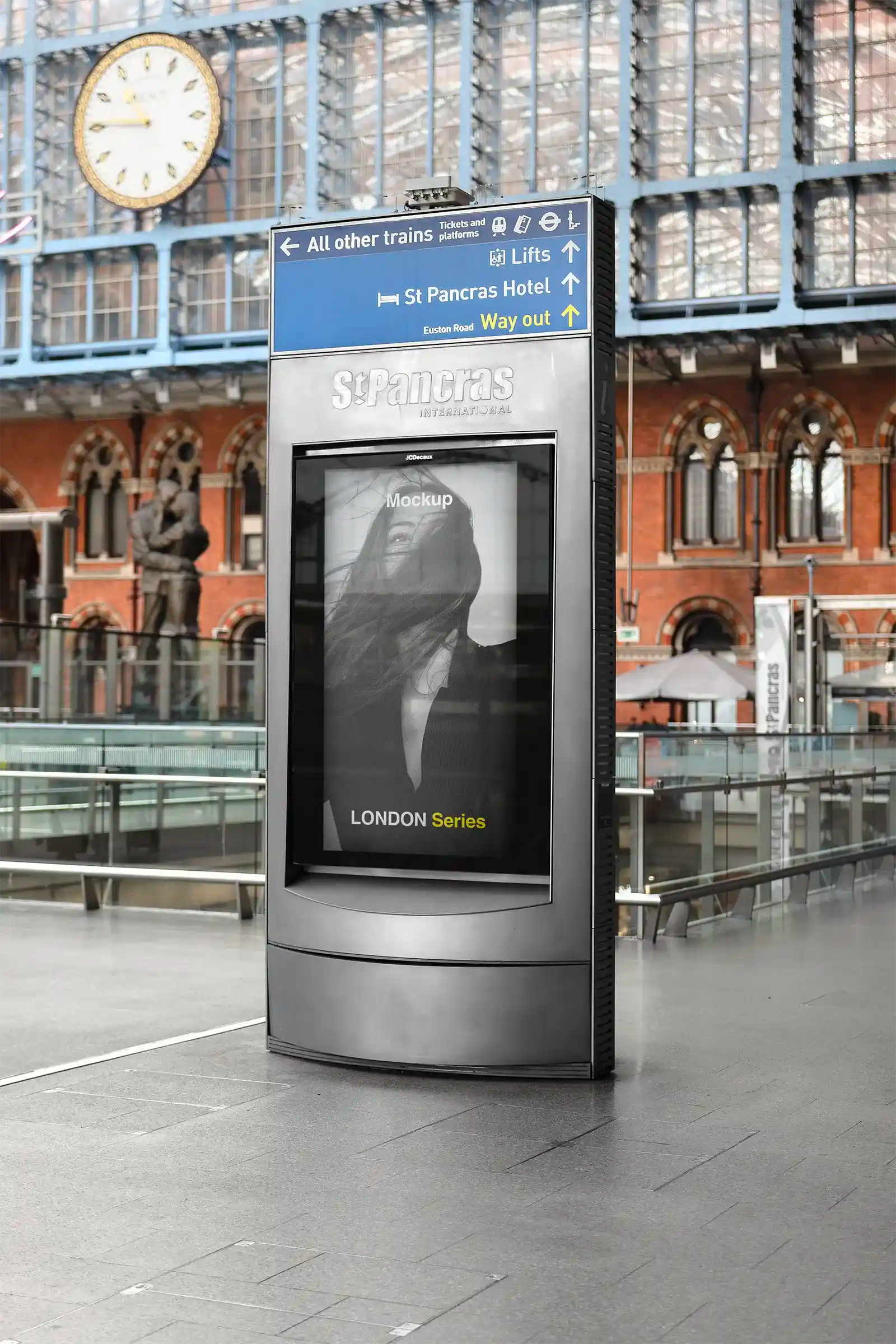 Billboard mockup in London St Pancras Train Station, UK. PSD Mockup on Photoshop for your design 1