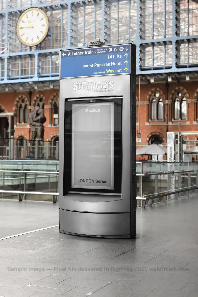 Billboard mockup in London St Pancras Train Station, UK. PSD Mockup on Photoshop for your design 2