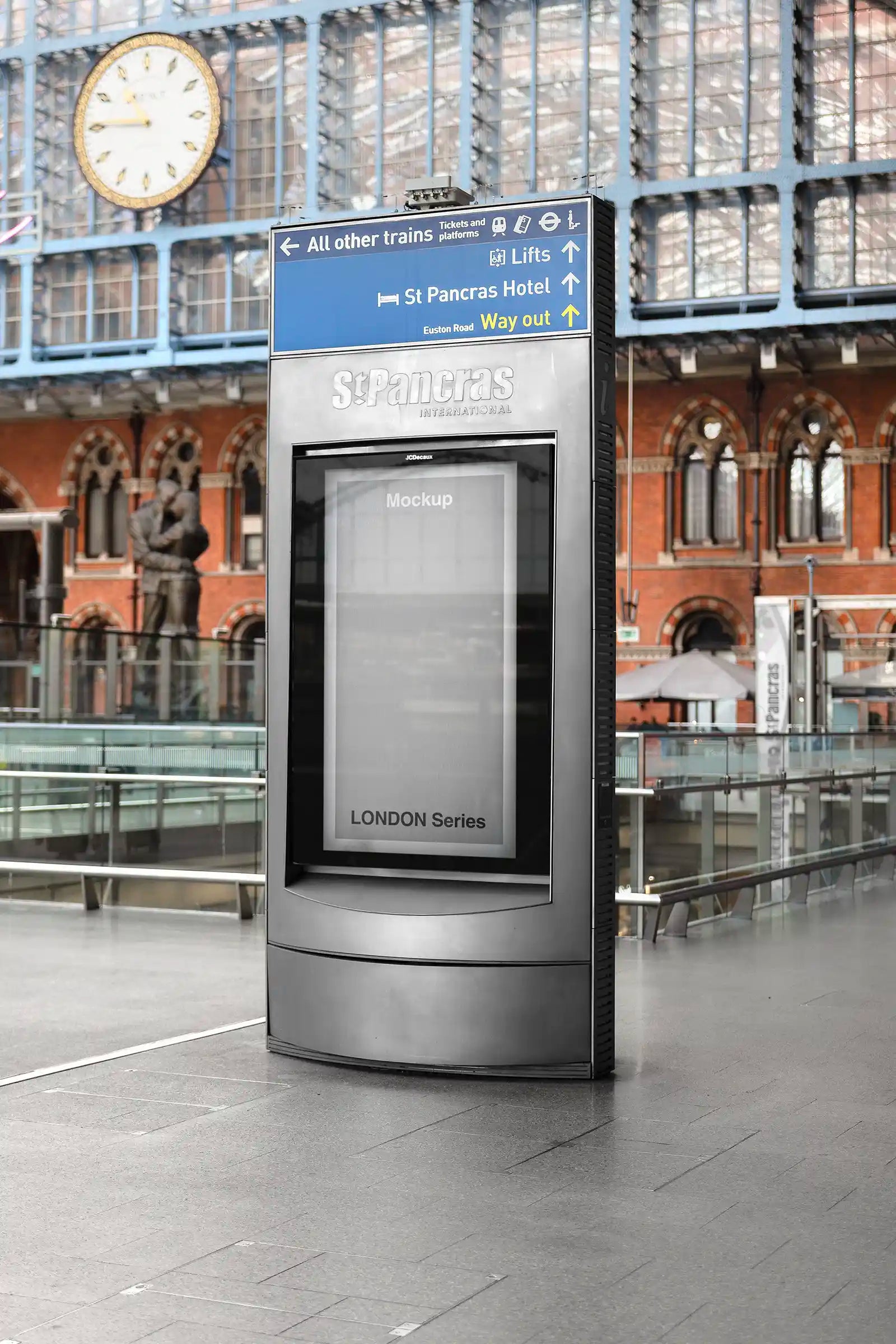 Billboard mockup in London St Pancras Train Station, UK. PSD Mockup on Photoshop for your design 2