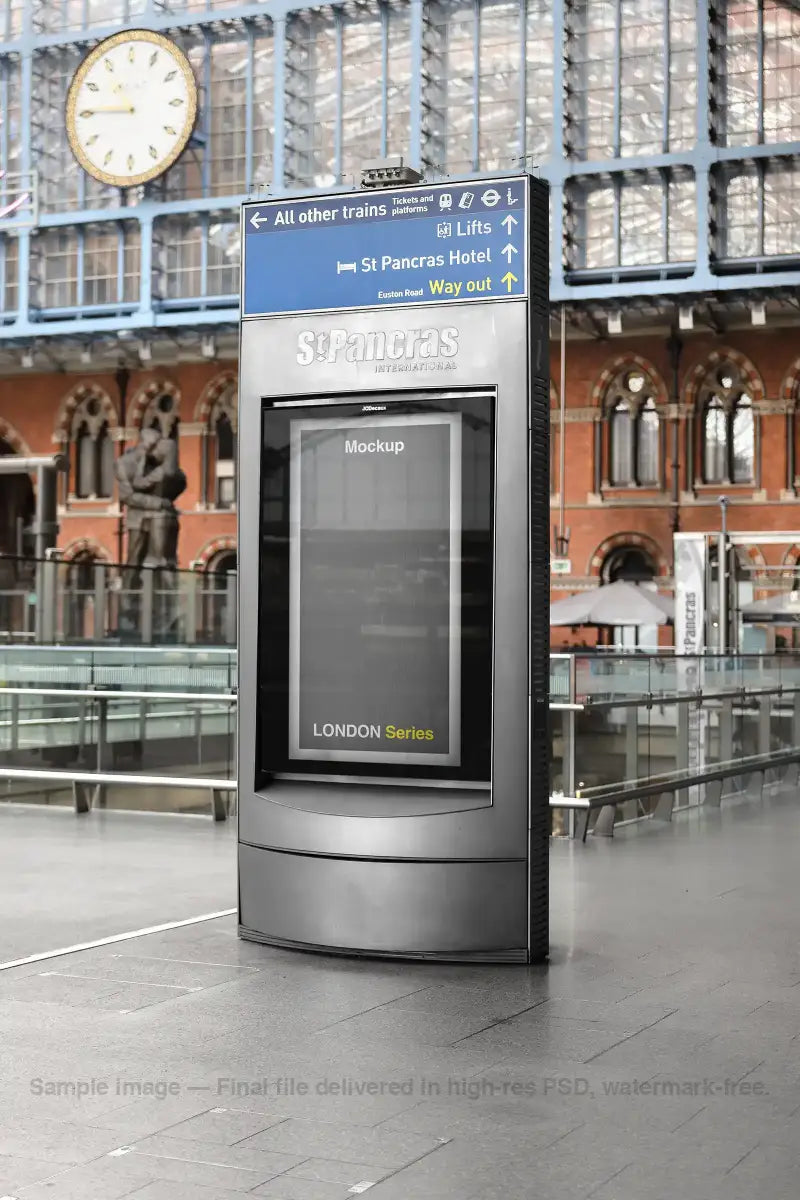 Billboard mockup in London St Pancras Train Station, UK. PSD Mockup on Photoshop for your design 4