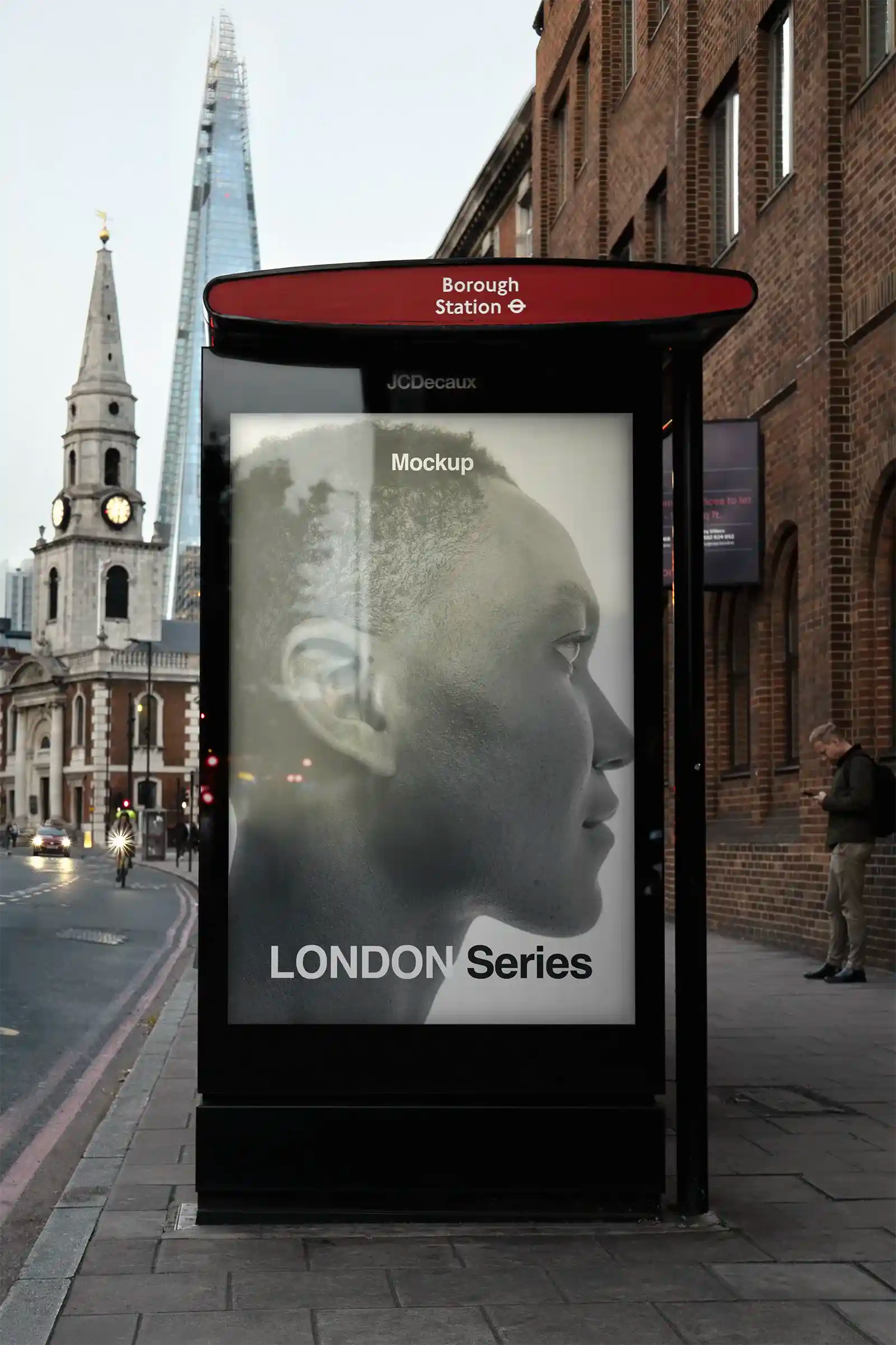 Billboard mockup in London, UK. PSD Mockup on Photoshop for your design at a bus shelter 1