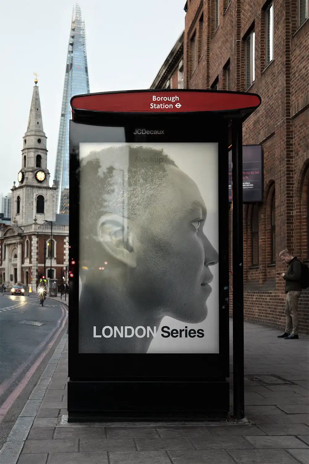 Poster mockup on a bus shelter in London © BRANDACLE MOCKUPS 2026. All rights reserved.
