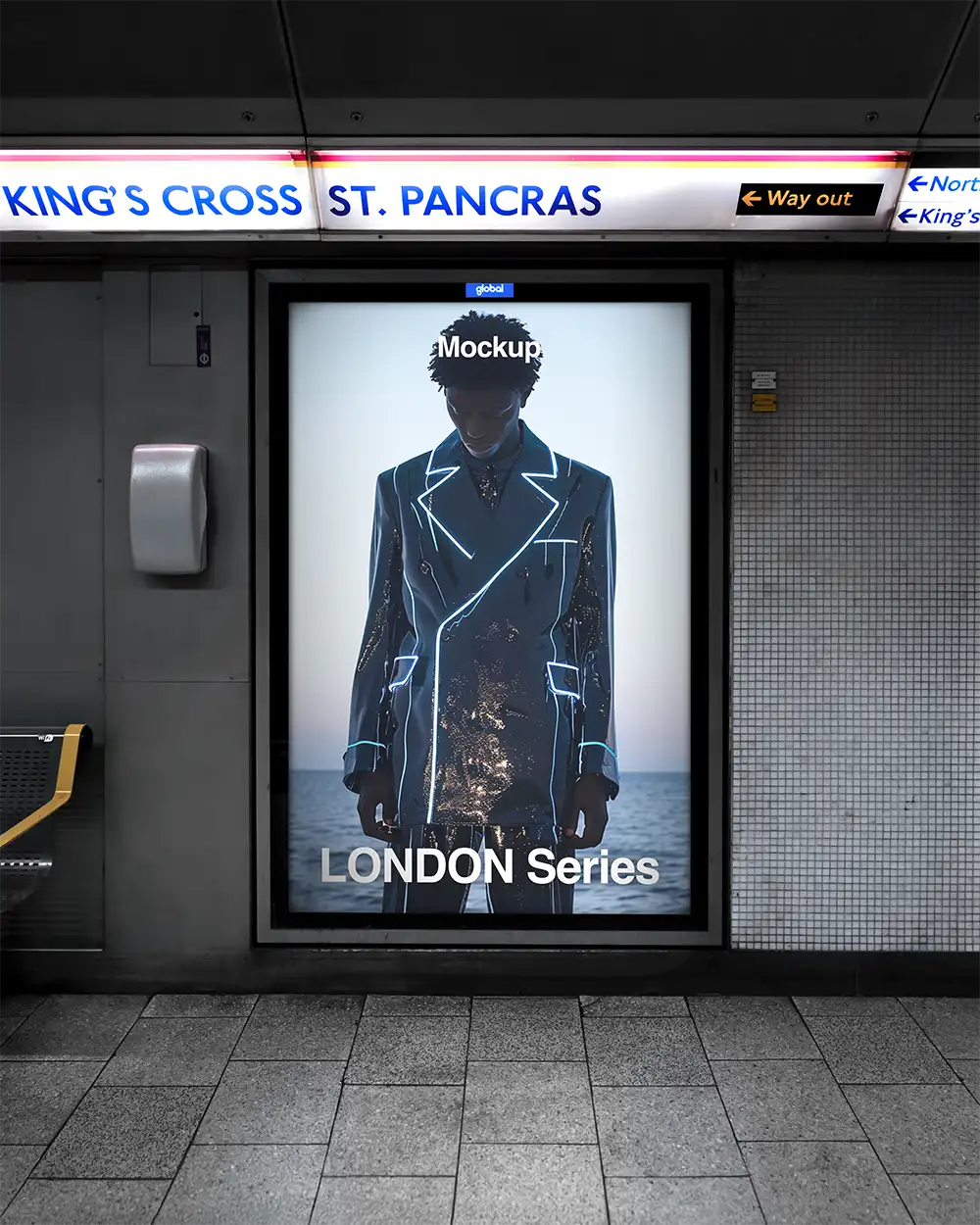 Billboard mockup at King's cross St Pancras Station in the London Underground. © BRANDACLE MOCKUPS 2026. All rights reserved.