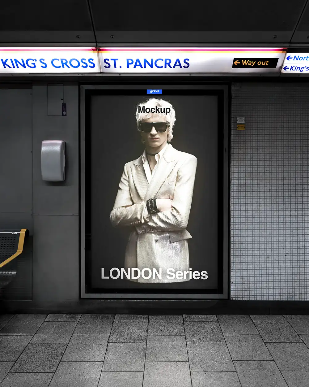 Billboard mockup at King's cross St Pancras Station in the London Underground. © BRANDACLE MOCKUPS 2026. All rights reserved.