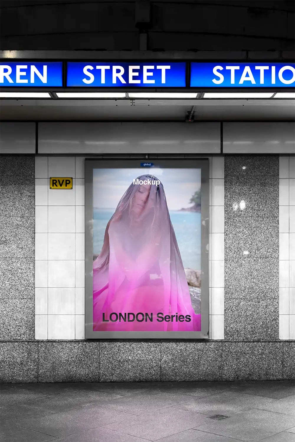Poster mockup at warren street station in the London Underground (London Tube). © BRANDACLE MOCKUPS 2026. 