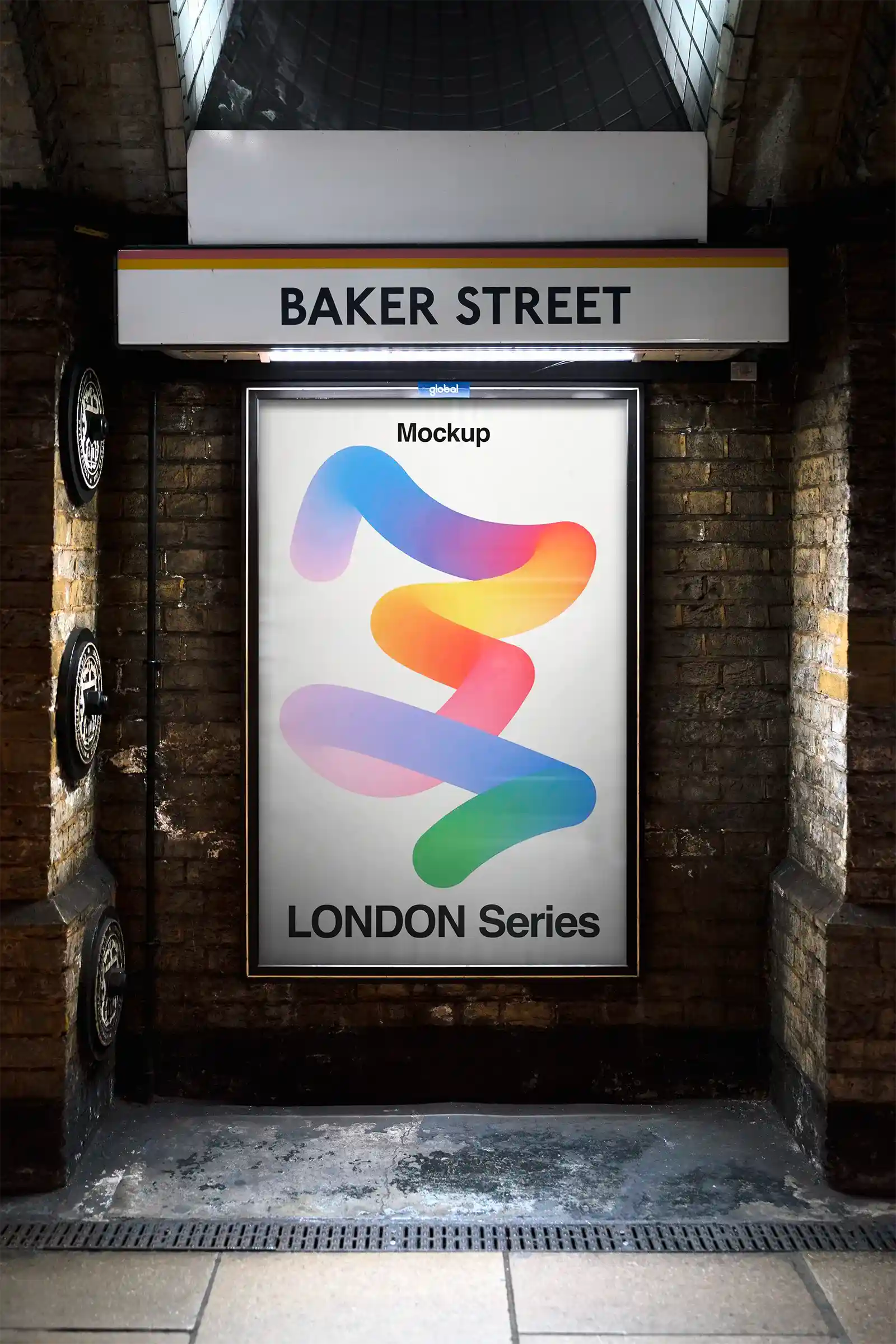Billboard mockup in the London Underground, UK, at Baker Street Station. London tube PSD Mockup on Photoshop for your design 2
