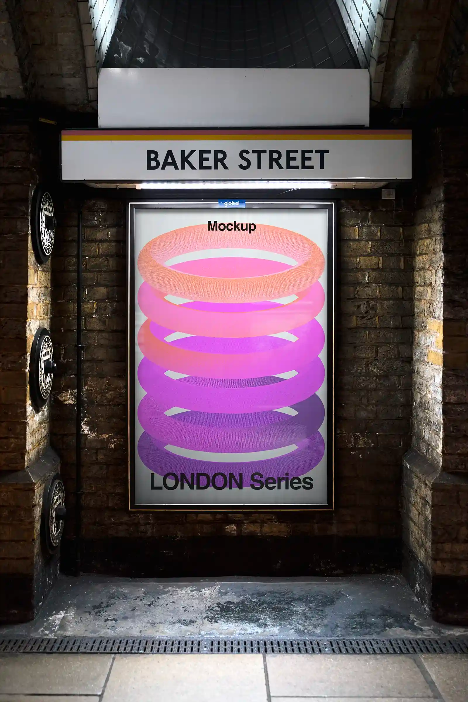 Billboard mockup in the London Underground, UK, at Baker Street Station. London tube PSD Mockup on Photoshop for your design 5