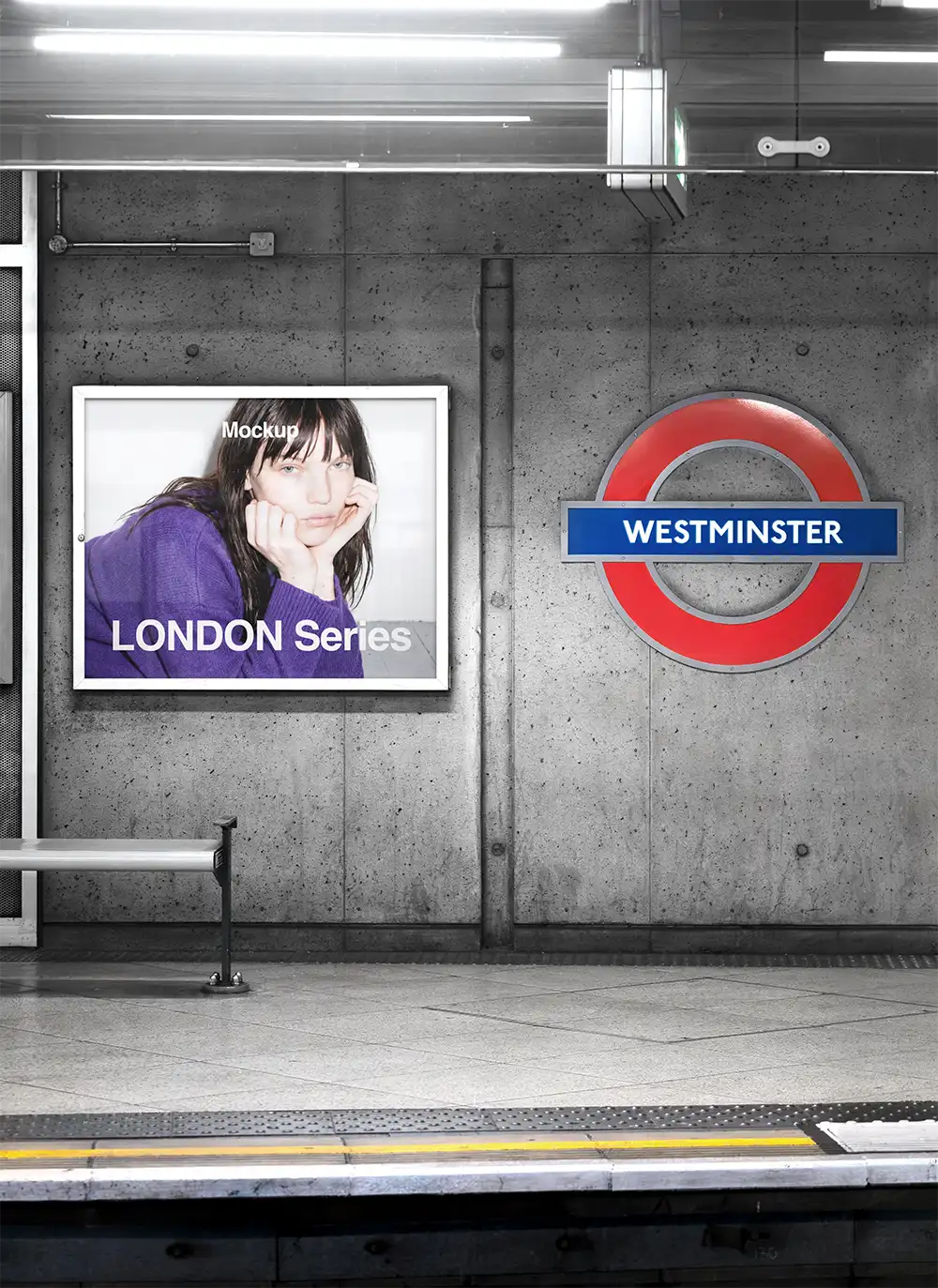 Poster mockup in the London Underground, London tube, at Westminster station. © BRANDACLE MOCKUPS 2026. 