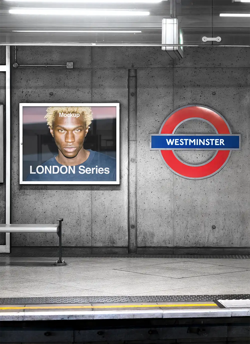 London Underground Poster mockup in Westminster. © BRANDACLE MOCKUPS 2026. All rights reserved.