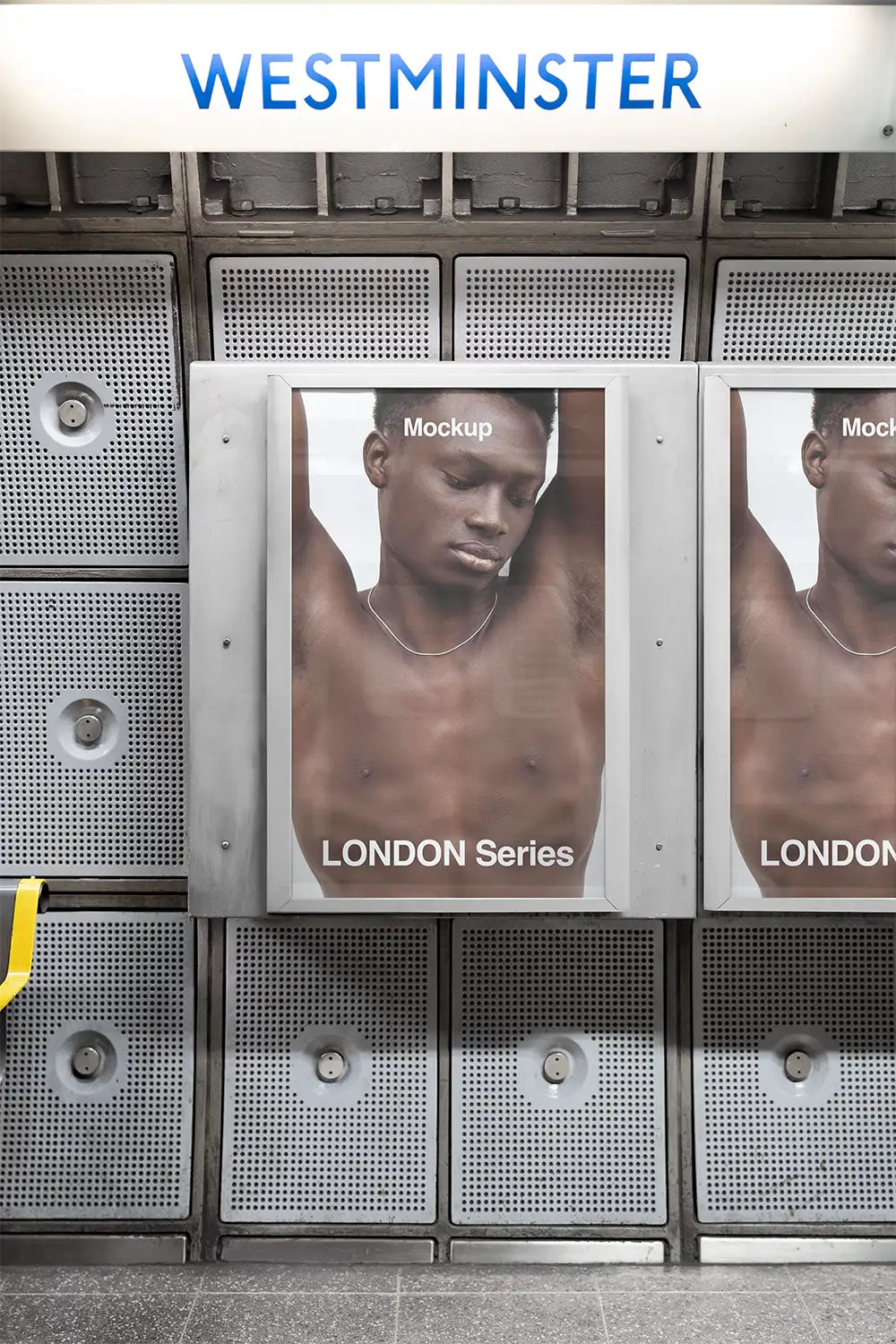 London Underground Poster mockup in Westminster. © 2026 BRANDACLE MOCKUPS. No unauthorized reproduction. No AI training allowed. No generative AI modification or derivative works permitted. 