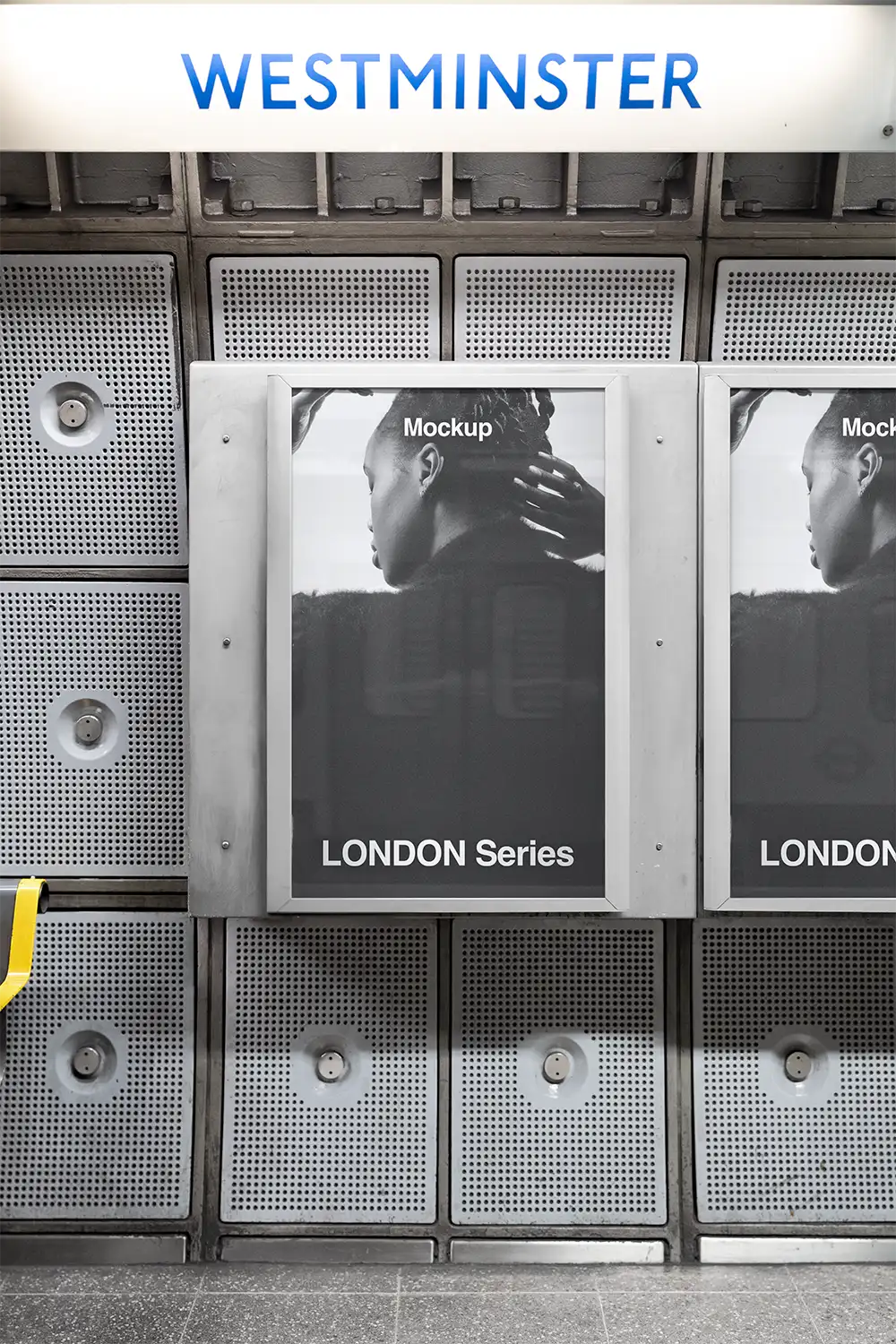 London Underground Poster mockup in Westminster. © 2026 BRANDACLE MOCKUPS. No unauthorized reproduction. No AI training allowed. No generative AI modification or derivative works permitted. 