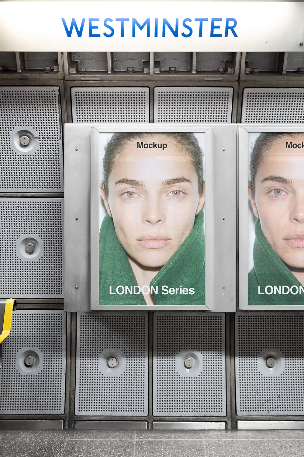 London Underground Poster mockup in Westminster. © BRANDACLE MOCKUPS 2026. All rights reserved.