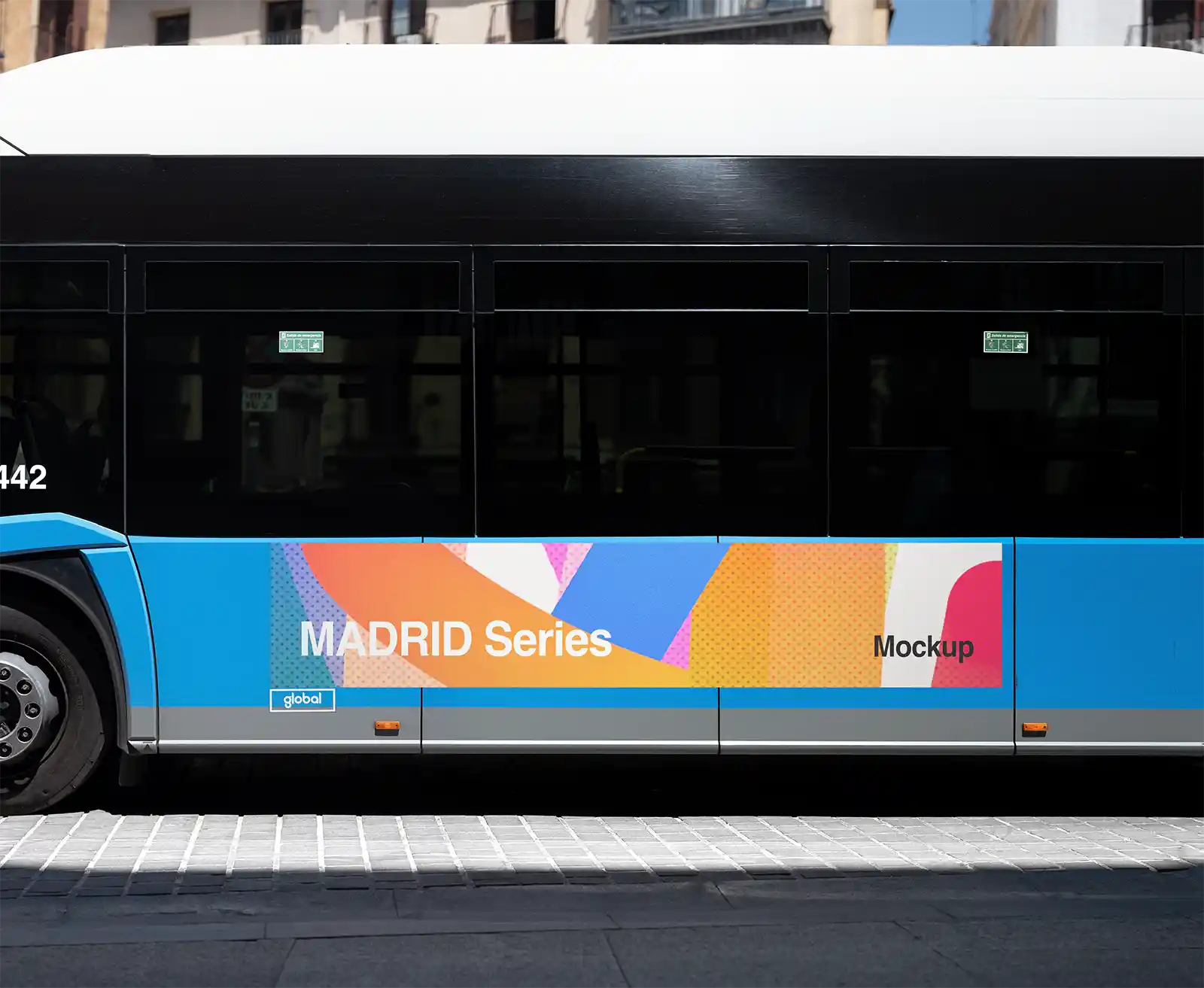 Bus poster mockup in Madrid, Spain © BRANDACLE MOCKUPS 2026.