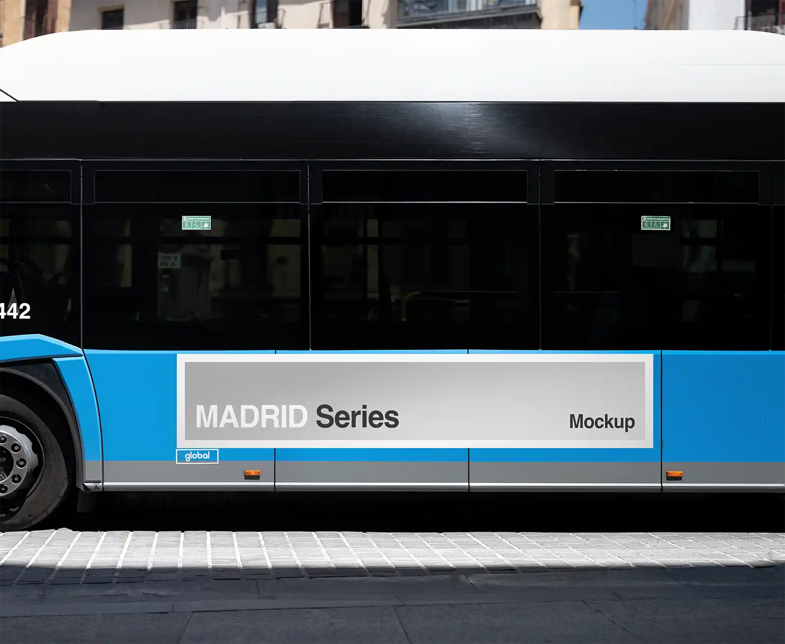 Bus poster mockup in Madrid, Spain.  © BRANDACLE MOCKUPS 2026. All rights reserved.