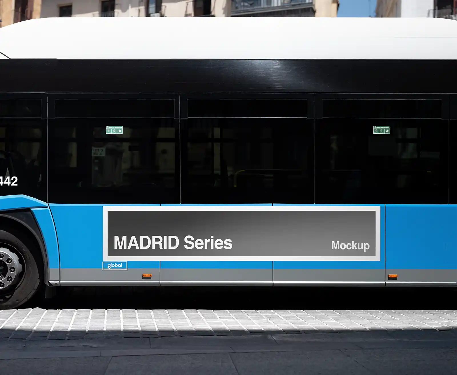 Bus poster mockup in Madrid, Spain © BRANDACLE MOCKUPS 2026.