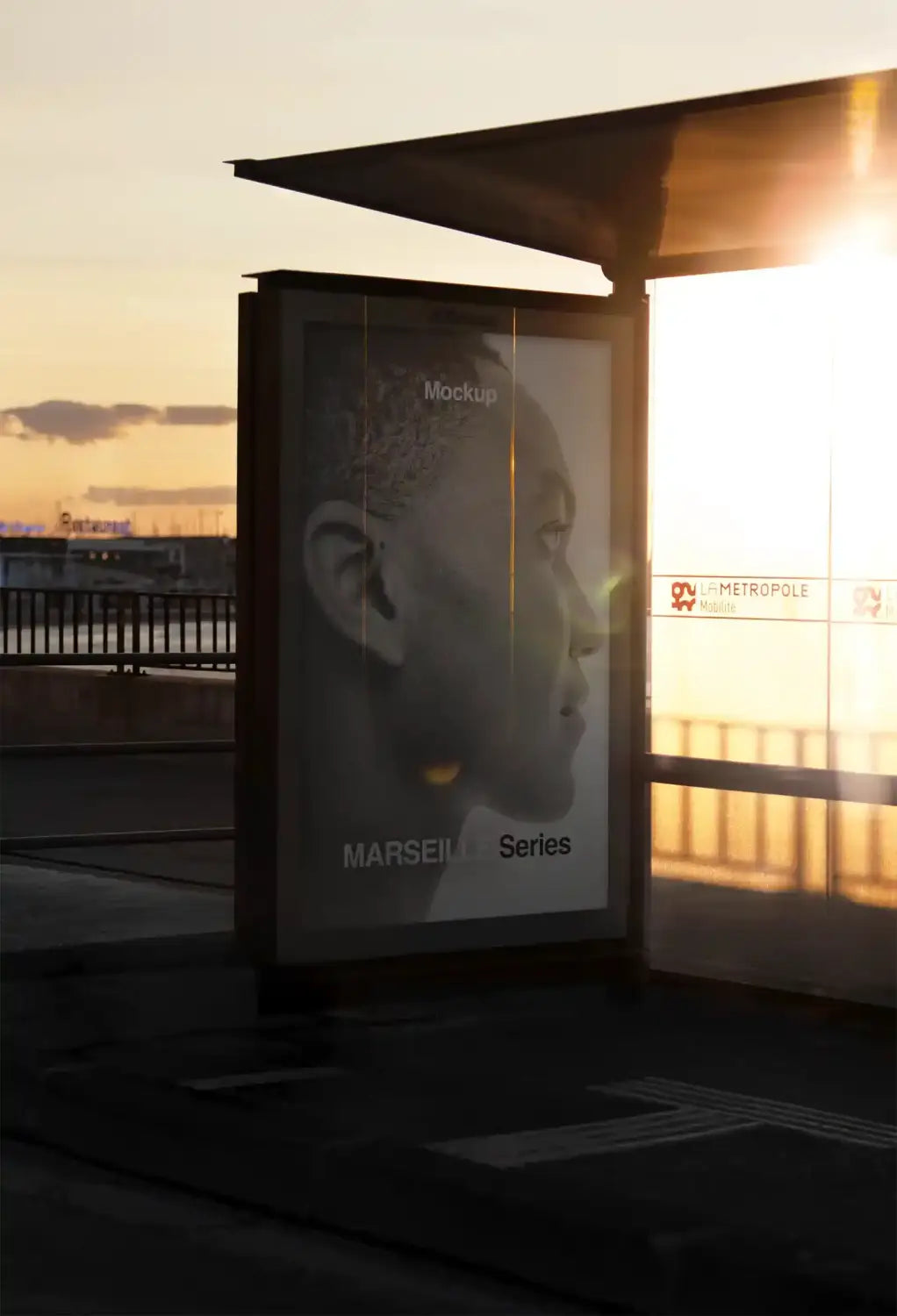 Poster mockup on a bus shelter in Marseille, France © BRANDACLE MOCKUPS 2026. 