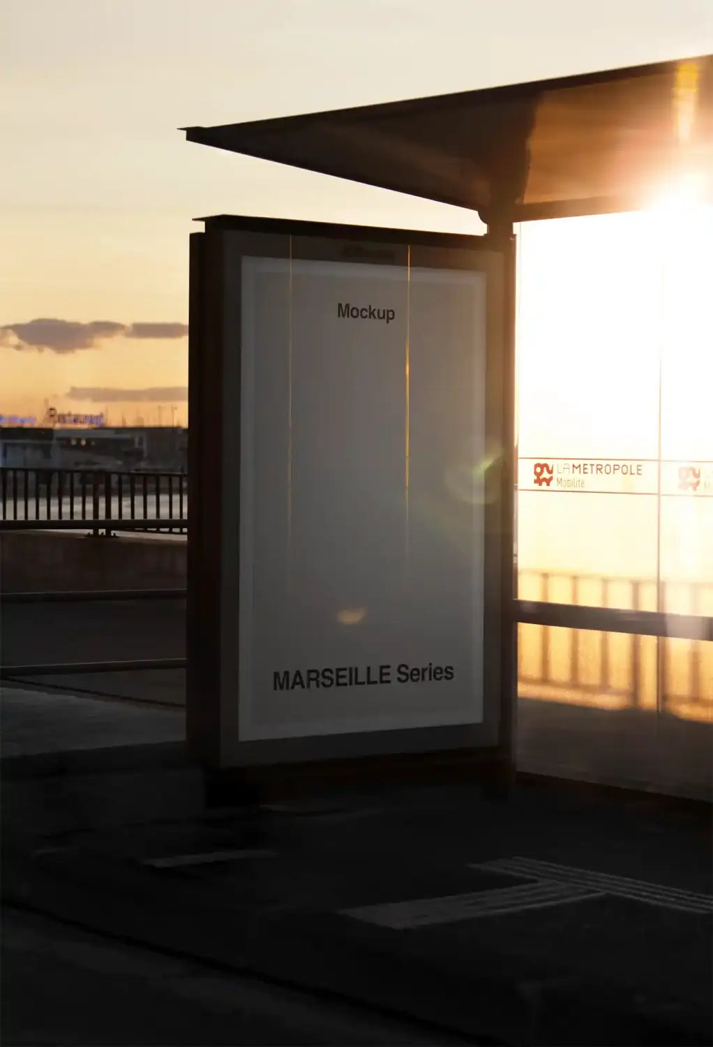 Poster mockup on a bus shelter in Marseille, France © BRANDACLE MOCKUPS 2026. 