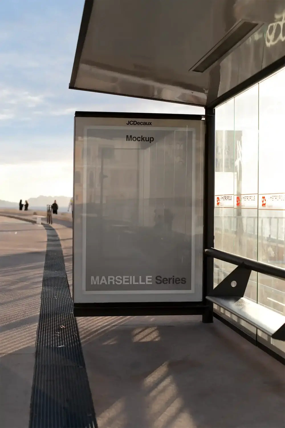 Poster mockup on a bus shelter in Marseille, France © BRANDACLE MOCKUPS 2026. 