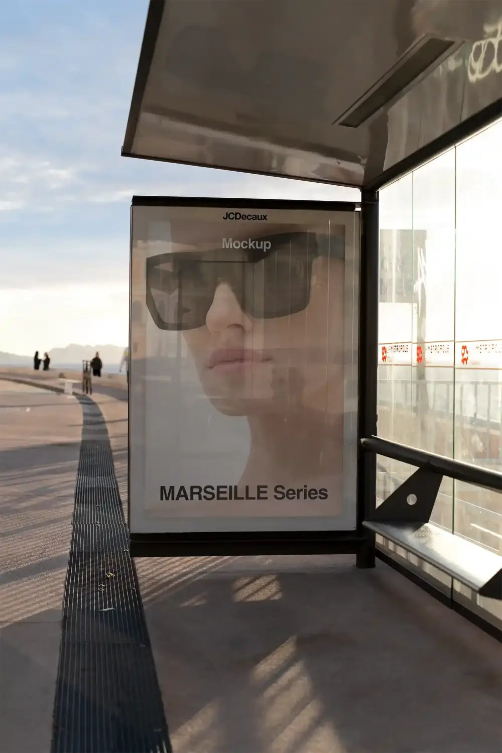 Poster mockup on a bus shelter in Marseille, France © BRANDACLE MOCKUPS 2026. 