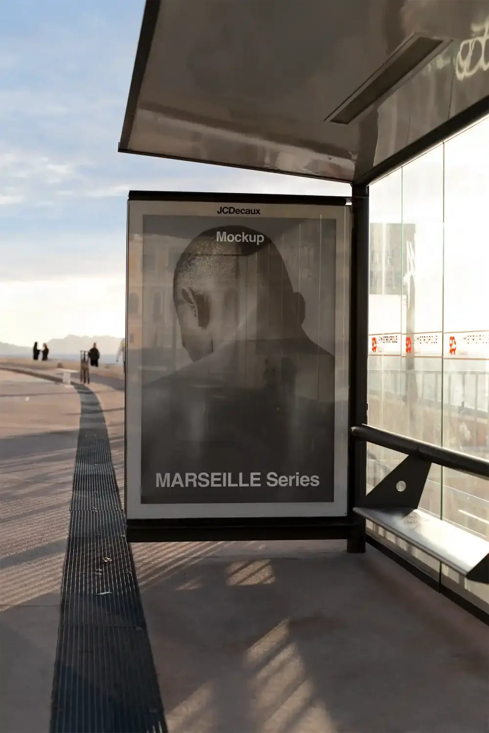 Poster mockup on a bus shelter in Marseille, France © BRANDACLE MOCKUPS 2026. 