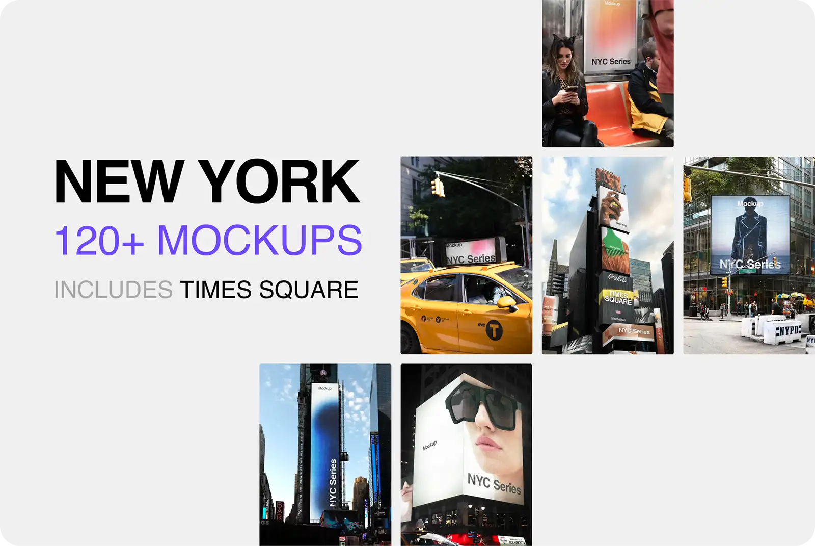 New York & Times Square PSD mockup bundle — 120+ billboard and poster mockups across Manhattan, Brooklyn, SoHo, Times Square and the NYC Subway — Brandacle