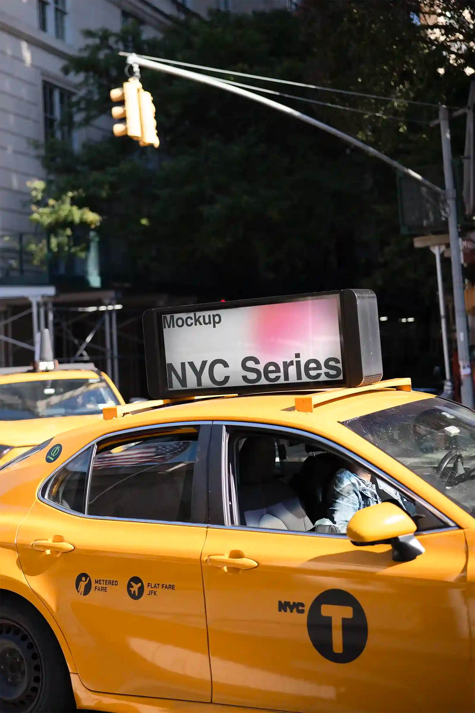 Yellow cab taxi  billboard mockup in Manhattan, New York © BRANDACLE MOCKUPS 2026. 