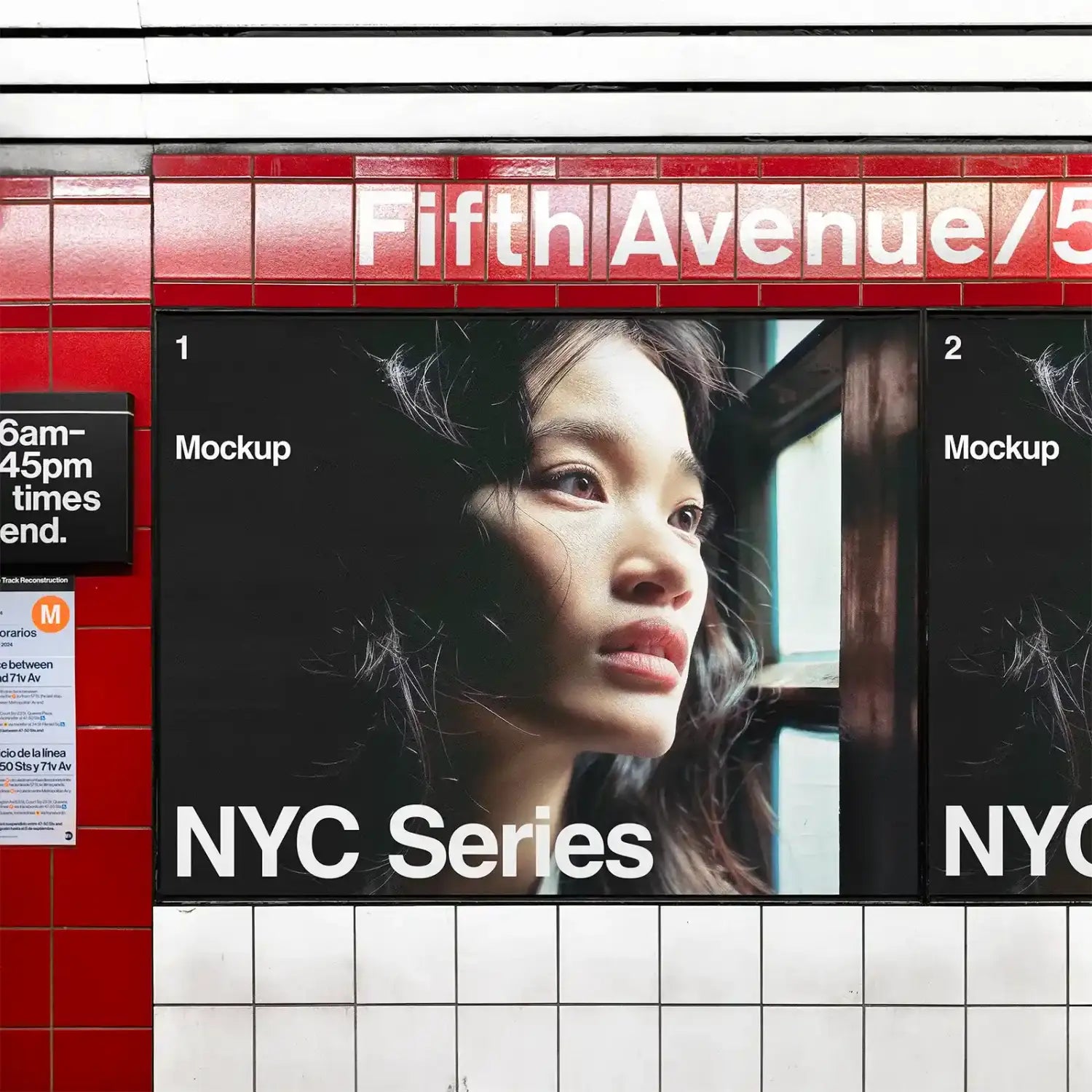 Poster mockup in the NYC Subway at Fifth Avenue station in Manhattan, New York. © BRANDACLE MOCKUPS 2026. 