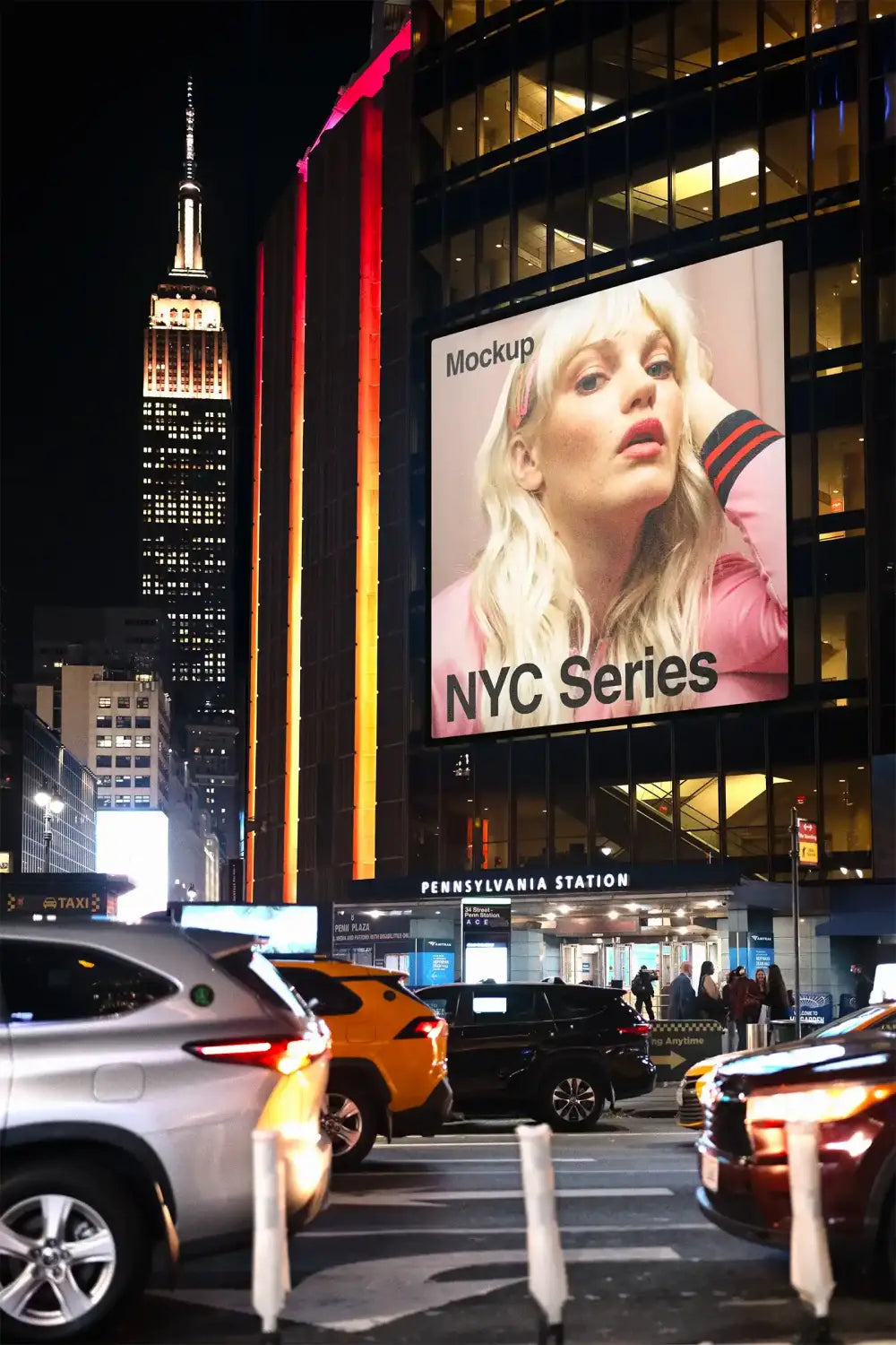 Billboard mockup on Times Square against the backdrop of the Empire State Building in Manhattan, New York. © BRANDACLE MOCKUPS 2026