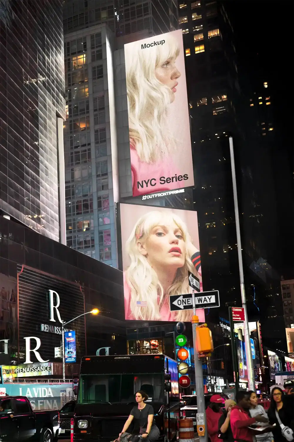 Billboard mockup on Times Square in Manhattan, New York. © BRANDACLE MOCKUPS 2026. 