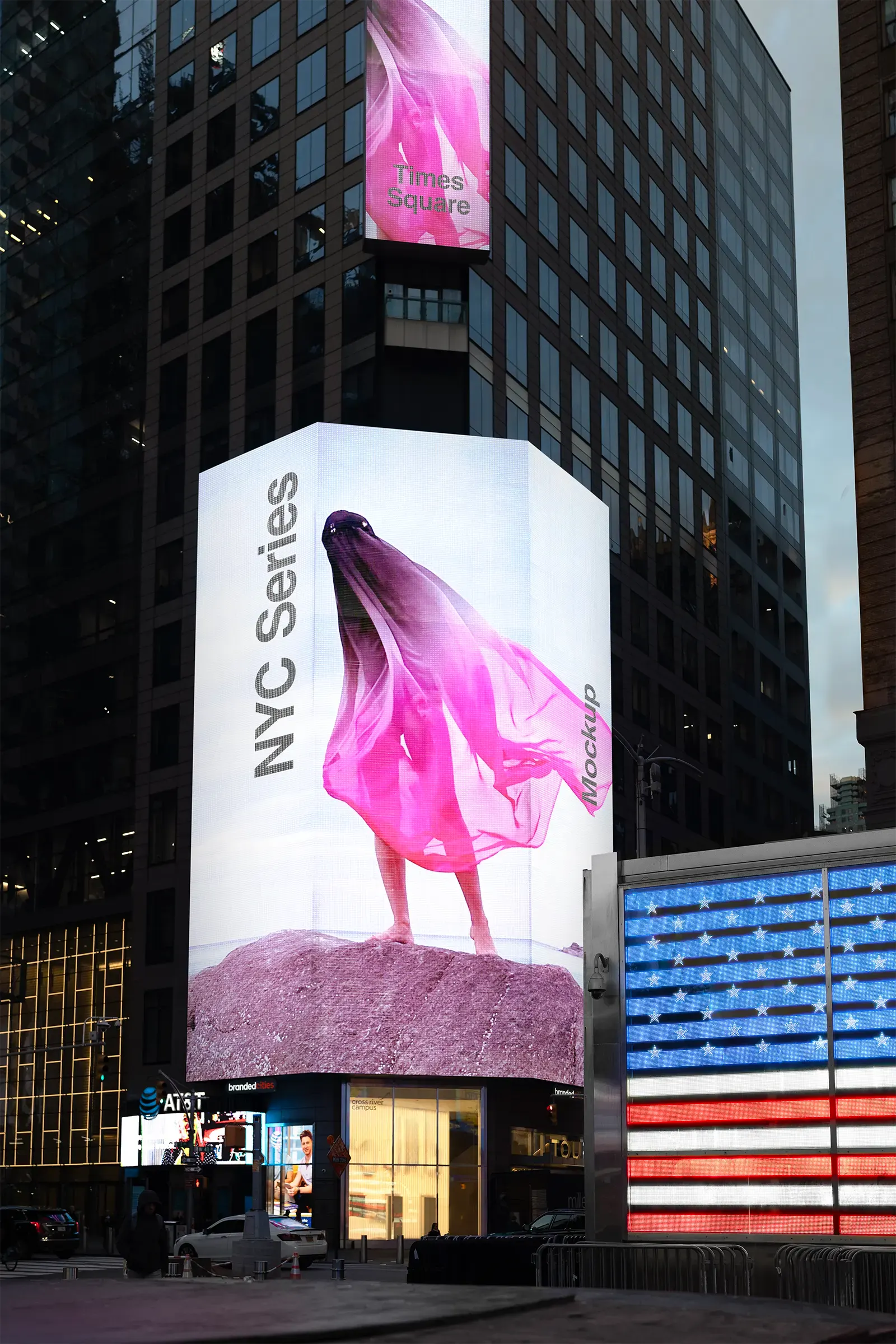 Billboard mockup on Times Square in Manhattan, New York. © BRANDACLE MOCKUPS 2026. 