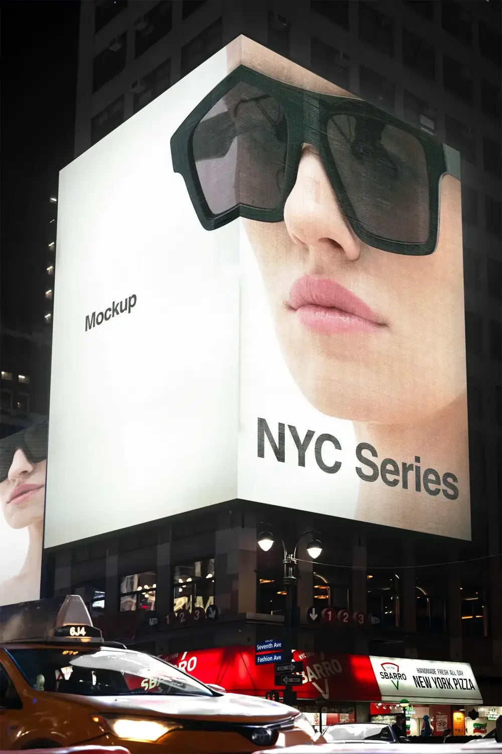 Billboard mockup on Times Square in Manhattan, New York, © BRANDACLE MOCKUPS 2026. 