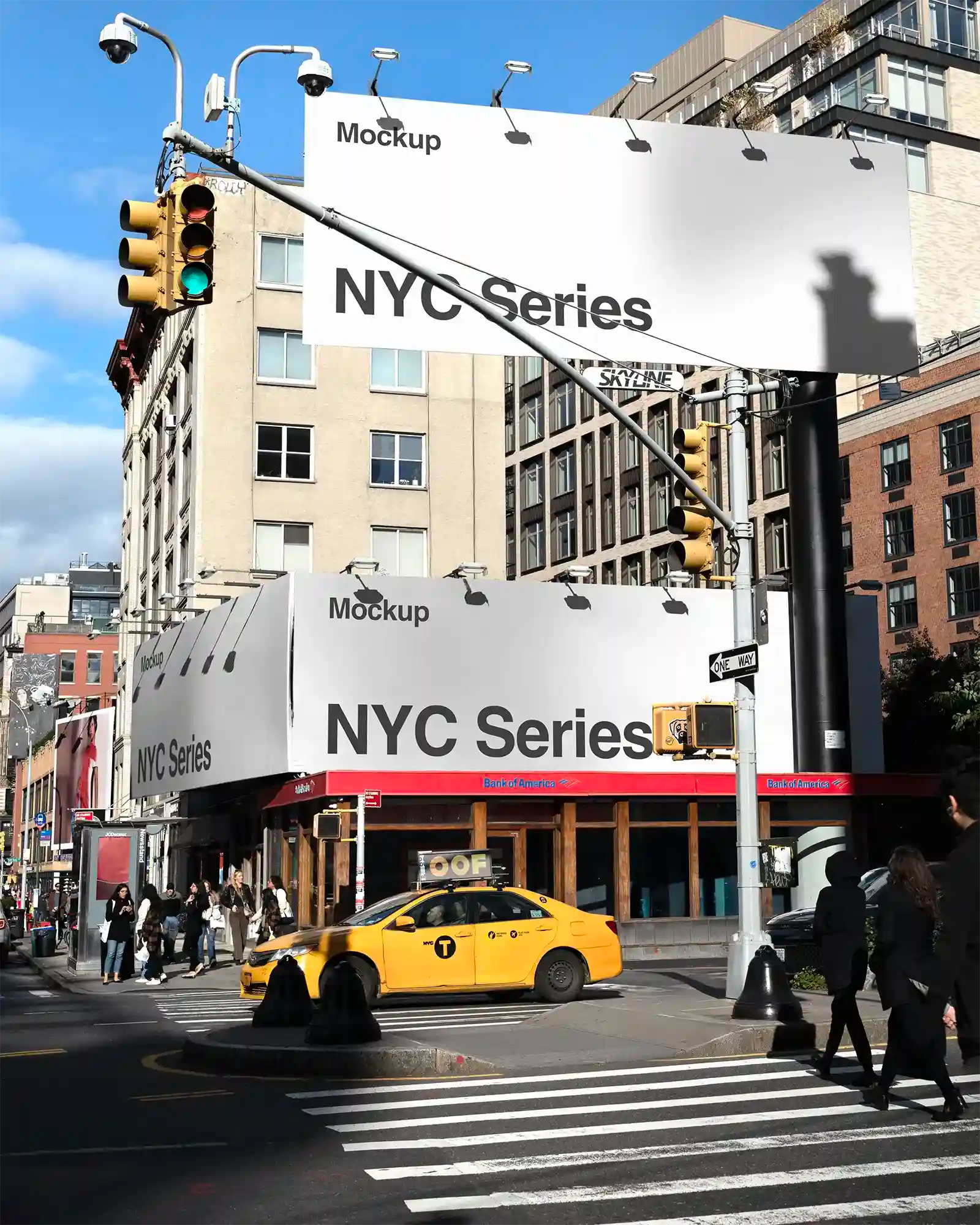 Billboard mockup in East Village, New York, United States. Poster, Banner. PSD Mockup Photoshop Mockup design 1