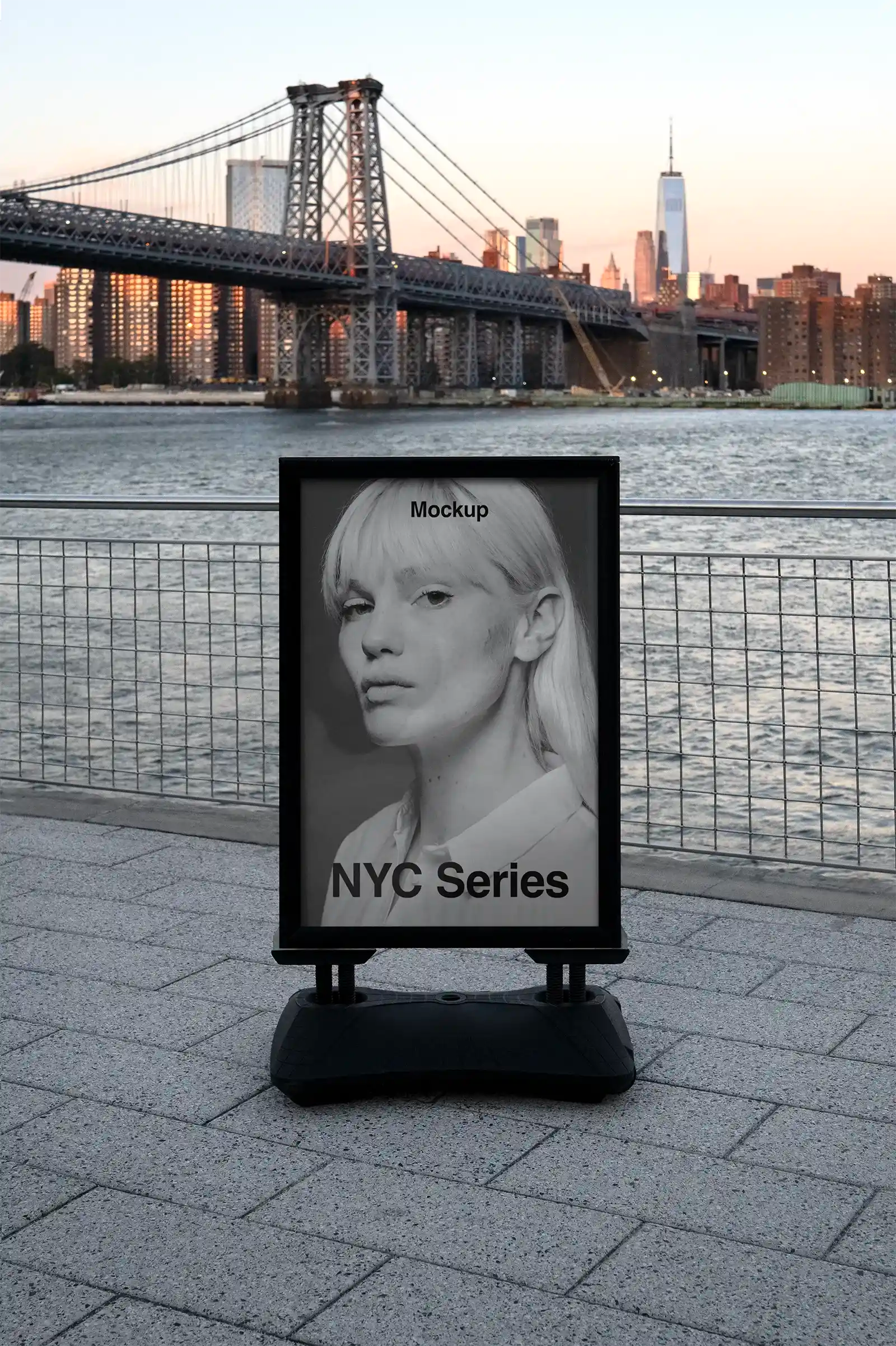 Poster mockup in front of Manhattan bridge, New York, United States. 
