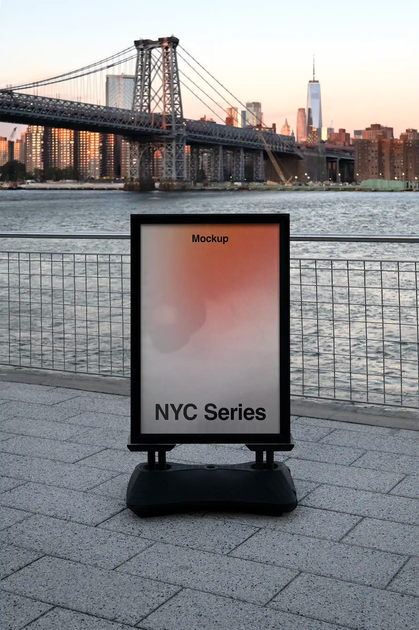 Poster mockup in front of Manhattan bridge, New York, United States. 
